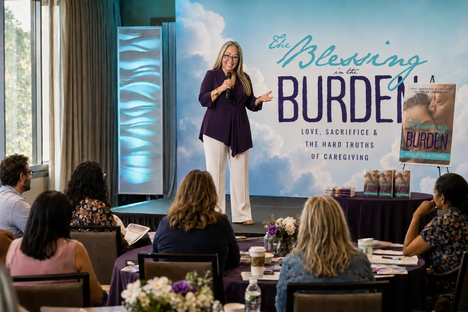 Jacqueline M. Correa speaking at a Readiness Workshop, with copies of the book on the table